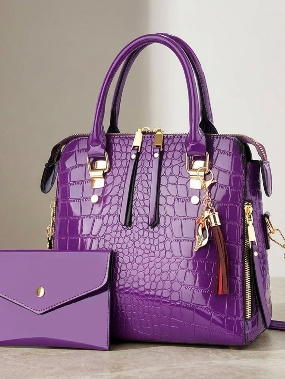 NWT Vibrant Purple Faux Crocodile Satchel Handbag & Matching Wallet Set